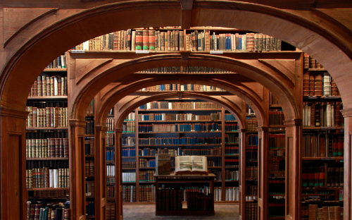 an indoor archway with lots of books around it